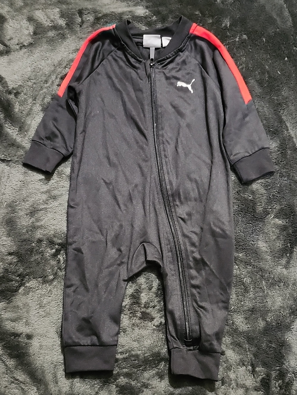 Puma Black One-Piece Footie with Red Shoulder Stripes